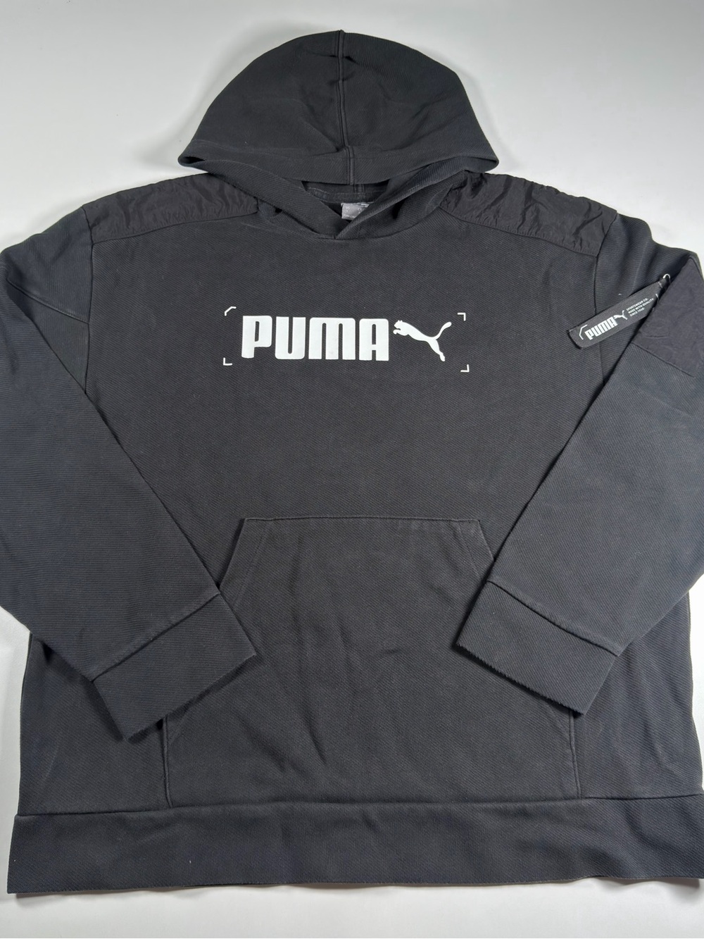 Puma Mens Black Hoodie with White Logo and zipper pocket accessory